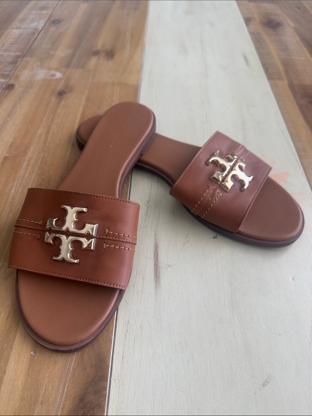 Tory Burch Cognac Leather Logo Slide Sandals